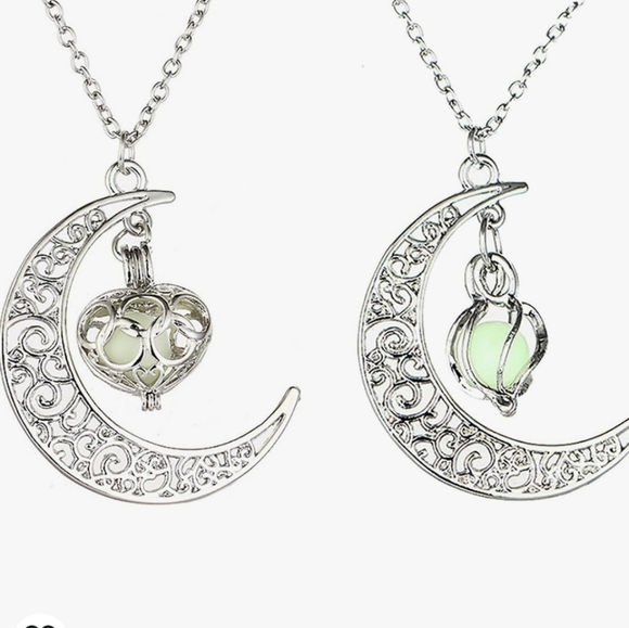 MJartoria Necklace Set of 2 Moon & Filigree Crystal Pendants Glow in the Dark - Picture 1 of 8